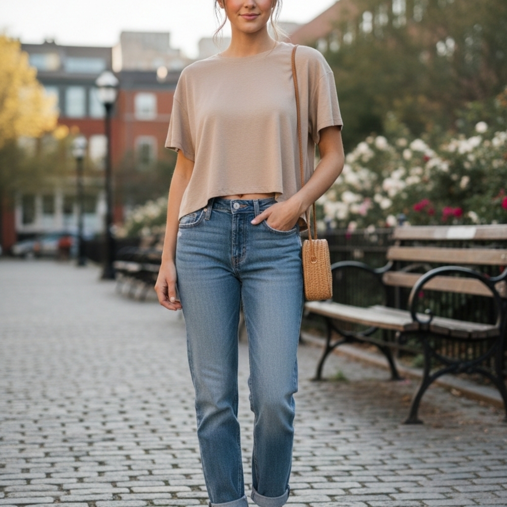 Stylus Camel Tan Oversized Crop Tee - Size L - NWT